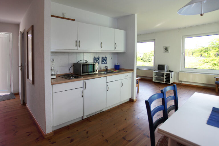 Ferienhaus Bonnie & Clyde Wohnbereich mit Esstisch und Küchenzeile